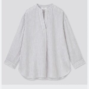 Uniqlo WOMAN Premium Linen Skipper Collar 3/4-Sleeve Shirt XL color light grey
